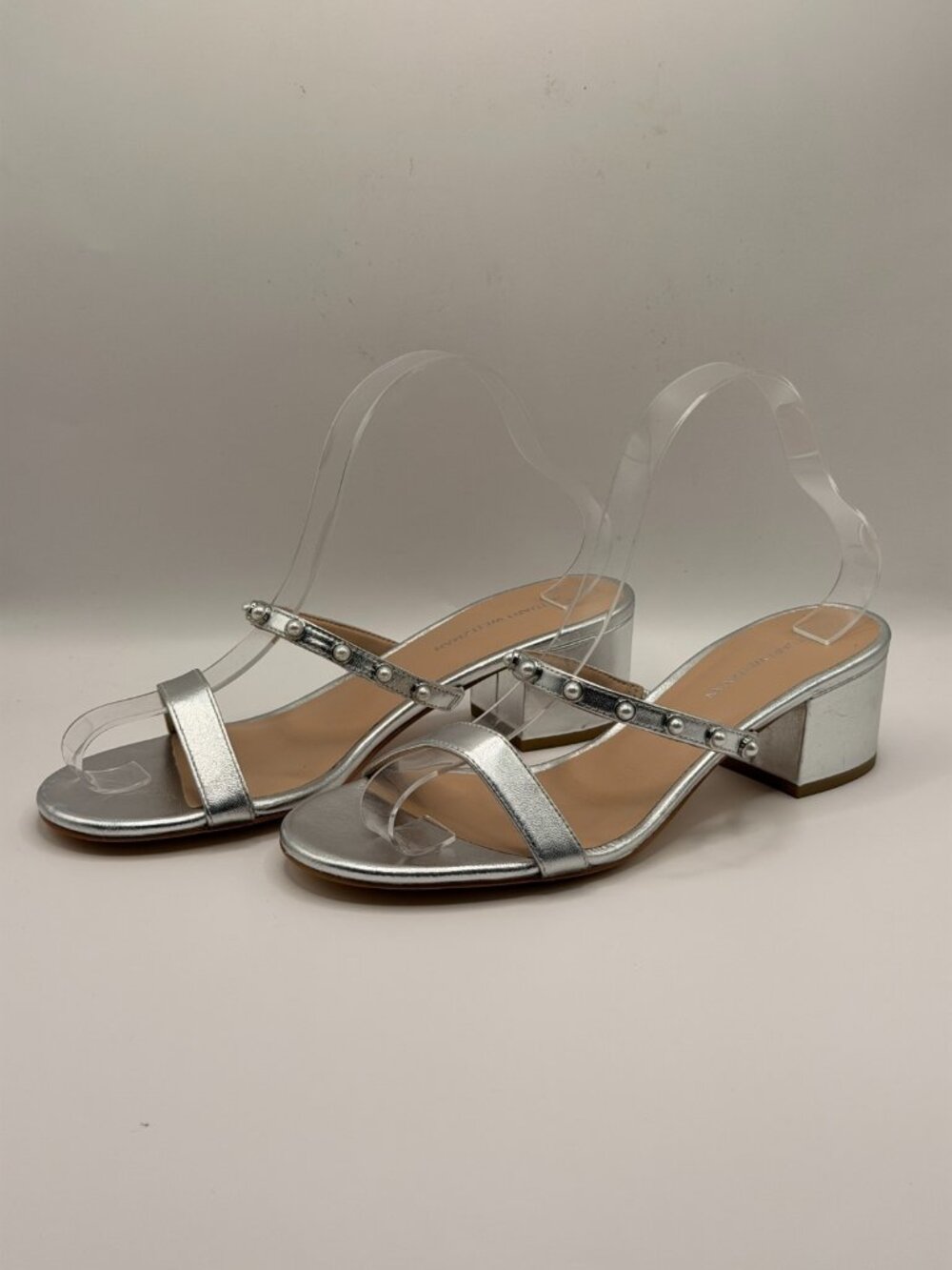 Stuart Weitzman Women's Silver Pearly Strap Block Slide 50 Sandal Sz 9